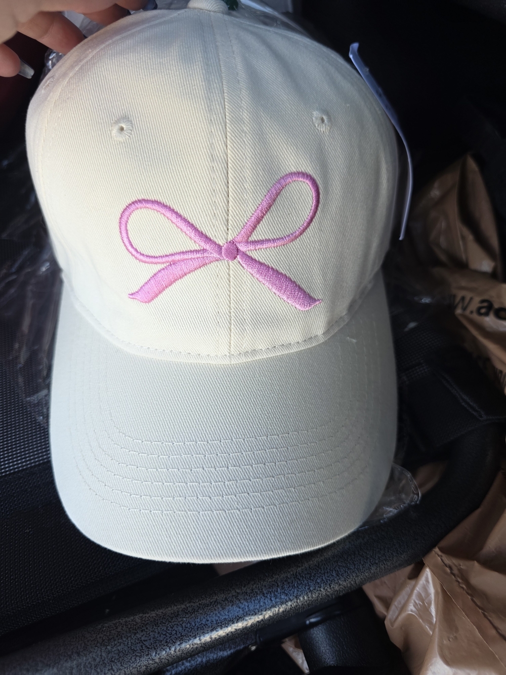 Ivory Baseball Cap with Pink Bow Embroidery